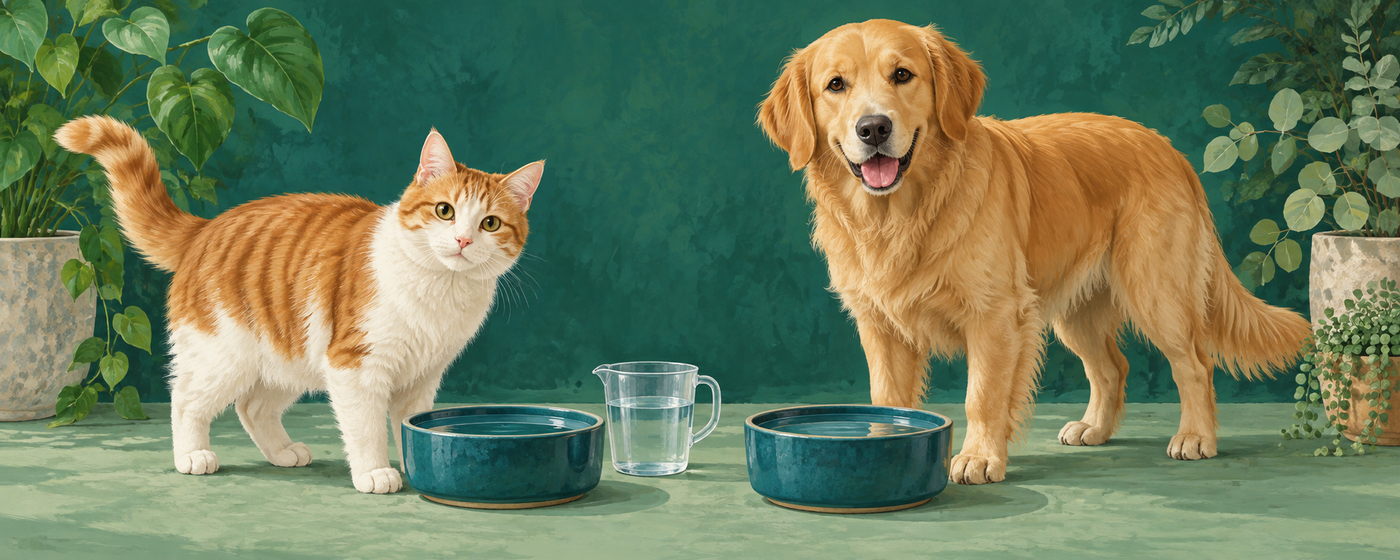 Promotional illustration of a cat, dog, separate water bowls, and a measuring jug